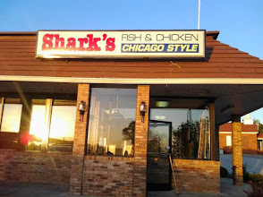 Shark's Fish & Chicken Chicago Style storefront at dusk in Macon, GA